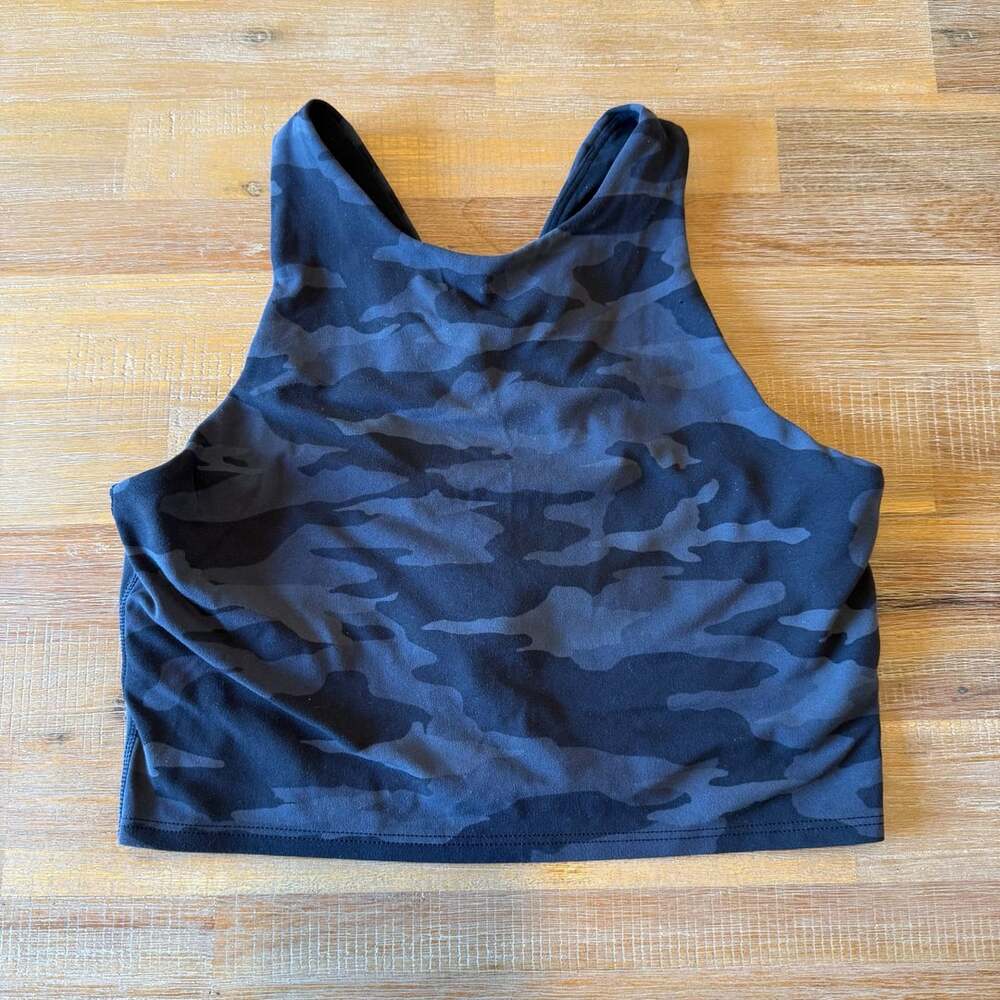 Athleta Conscious Crop Camo High Neck Sports Bra Tank Top Black Grey S Small